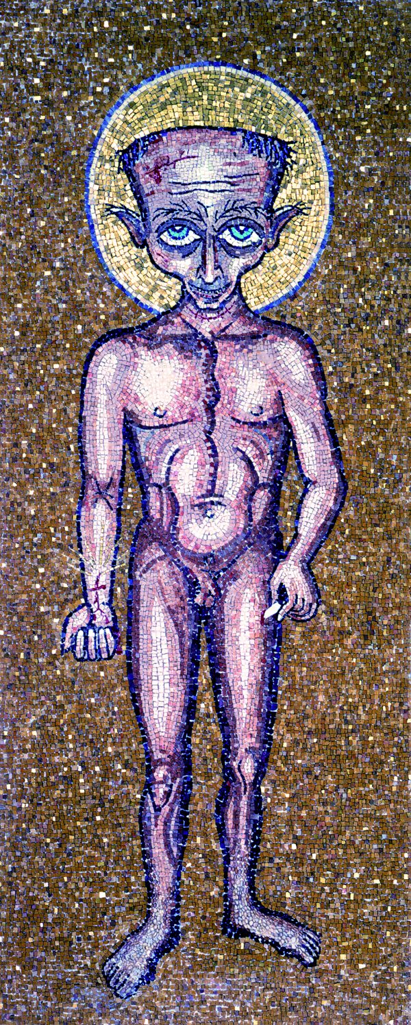 Leonardo Pivi, <i>Ambasciator non porta pena</i>, 1995-96, polychrome mosaic, 196 x 75 cm. Courtesy of the artist and Gluck50